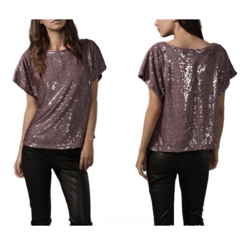 Alice + Olivia Dusty Mauve Sequin Short Sleeve Top